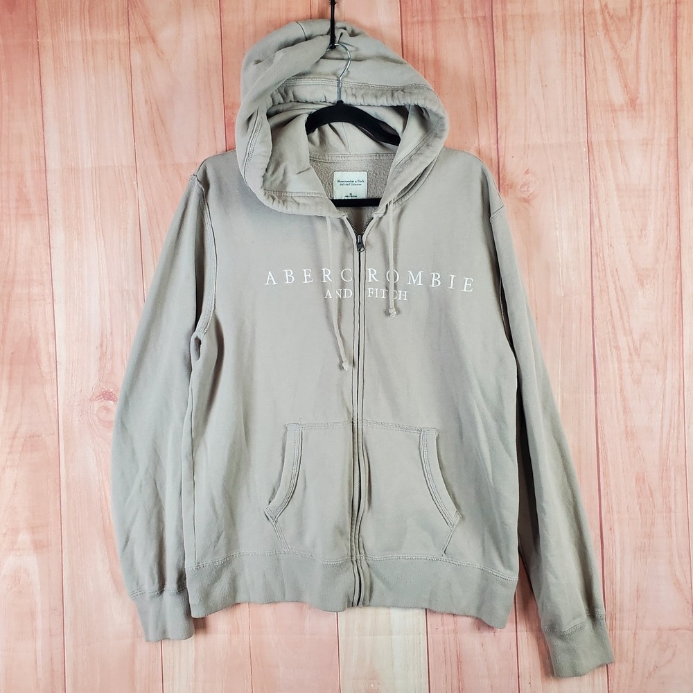 Abercrombie & Fitch Jacket Men XL Tan Spellout Logo Fleece Lined Full Zip Hooded